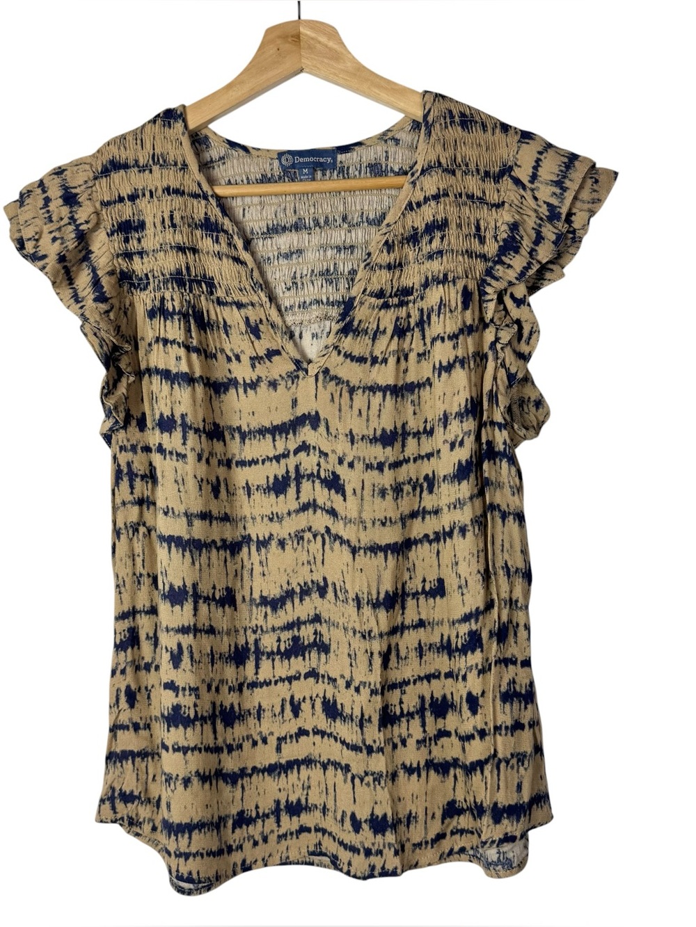 Democracy Double Ruffle Beige & Blue Tie Dye Print Short Sleeve Blouse M